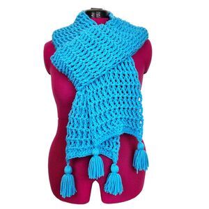 New Handmade Crochet Scarf Loose Waffle Stitch Tassels Light Blue Acrylic 90x8